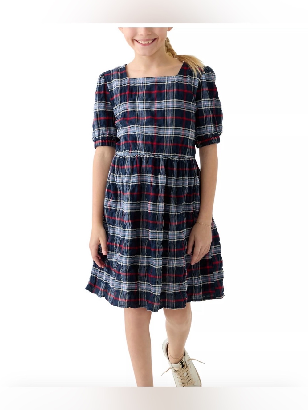 Tommy Hilfiger Girls Navy Plaid Puff-Sleeve Dress size 7 NWT